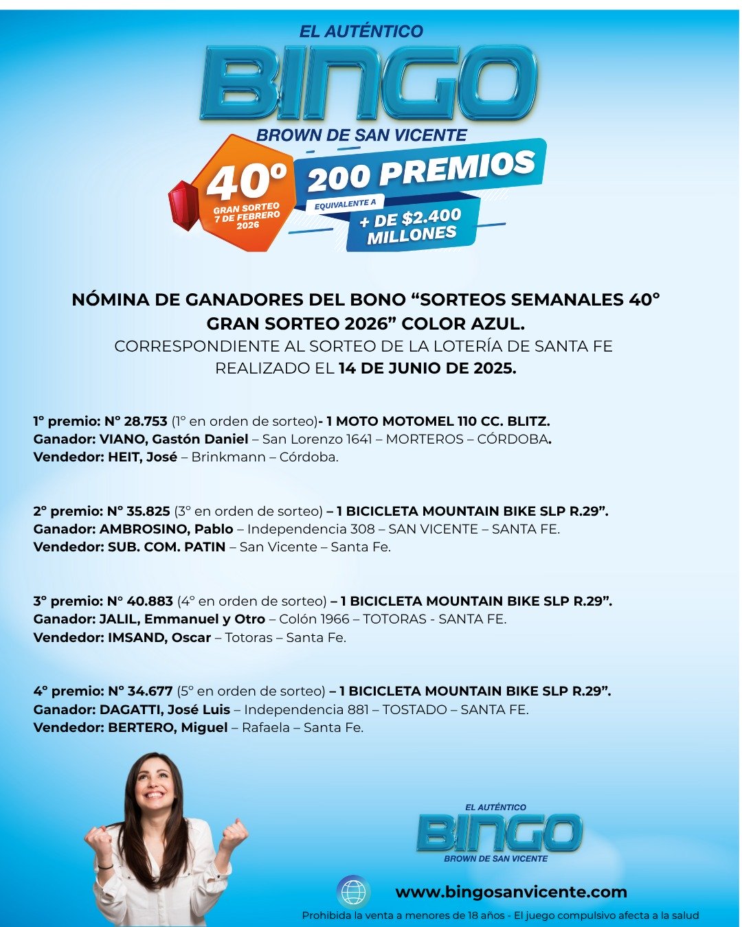 Ganadores 14 de junio de 2025