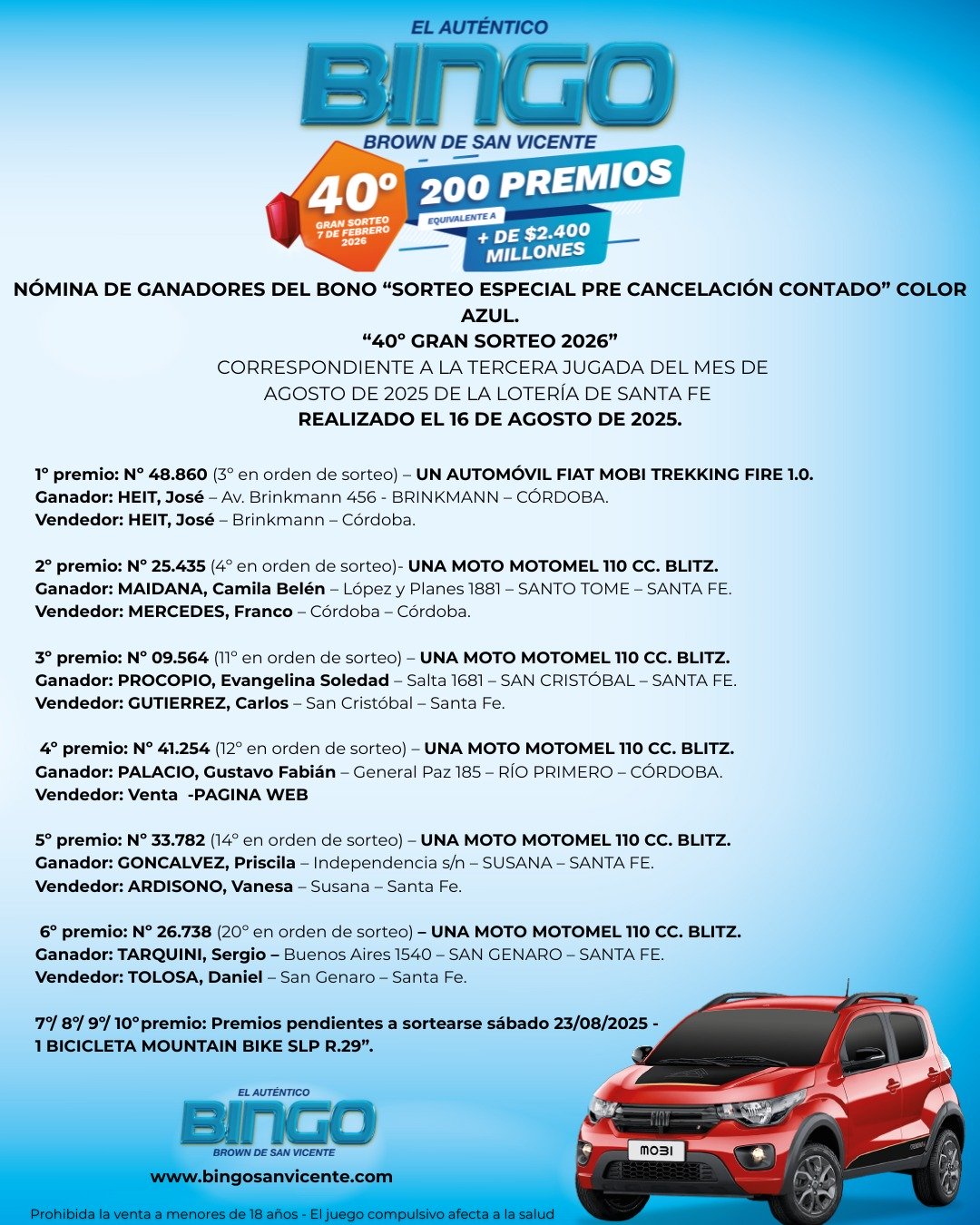 Ganadores 16 de agosto de 2025